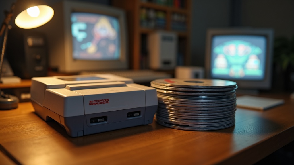 Game cartridges stacked beside a spindle of optical discs, illustrating the shift from cartridges to discs