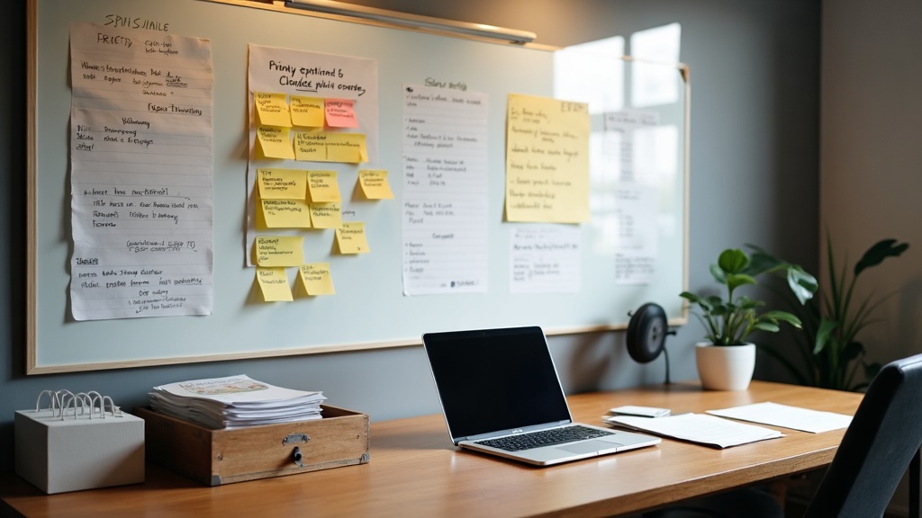 A studio office desk with a production schedule whiteboard, showing the planning work behind a game producer's job