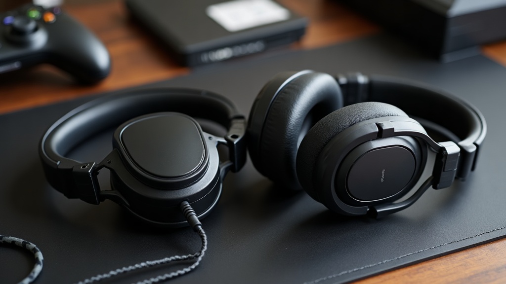 Close comparison of a gaming headset's boom microphone against a plain pair of headphones with no microphone