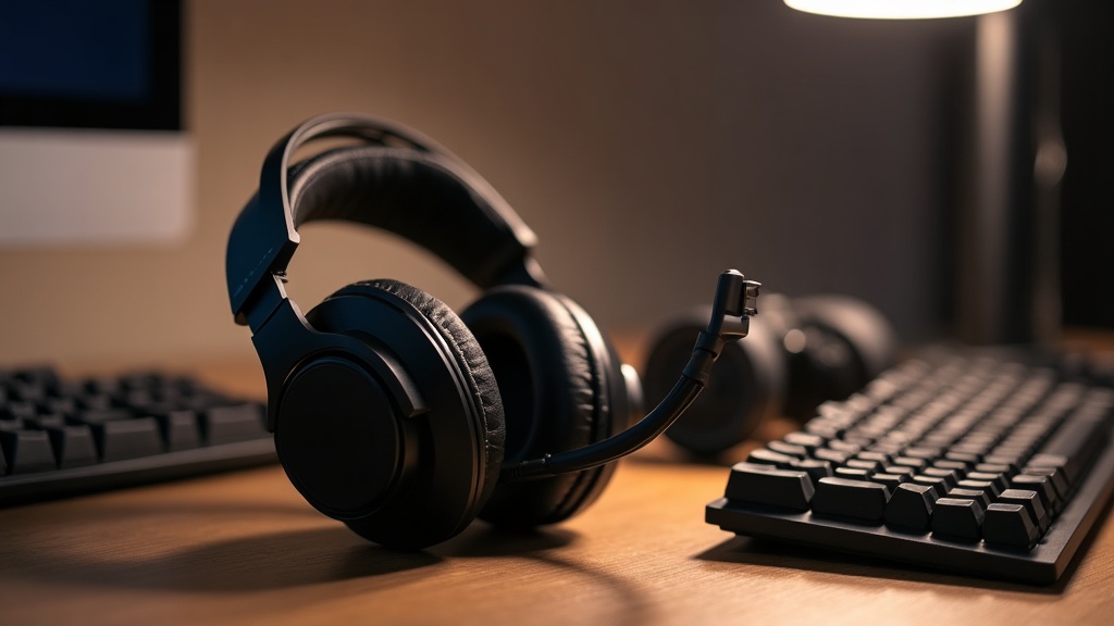 A gaming headset with a boom microphone sitting beside a pair of regular headphones on a desk