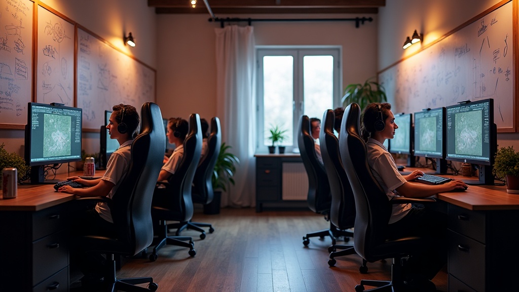Rows of identical gaming desk setups in a team practice room used for esports career training