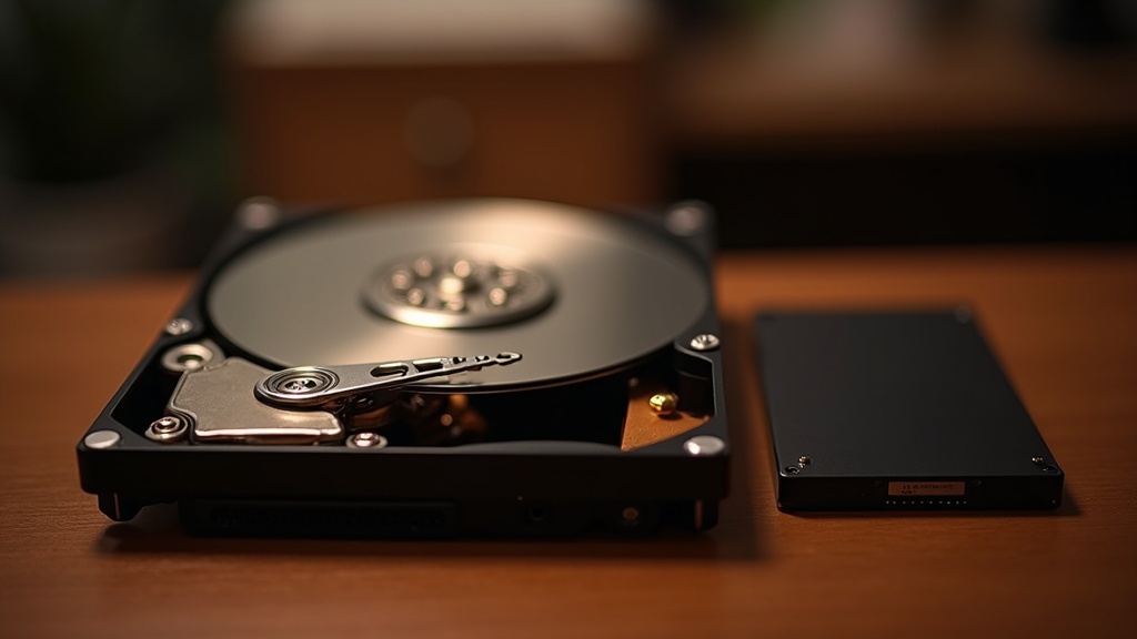 A mechanical hard drive platter next to a solid state drive, showing the physical difference behind game load times