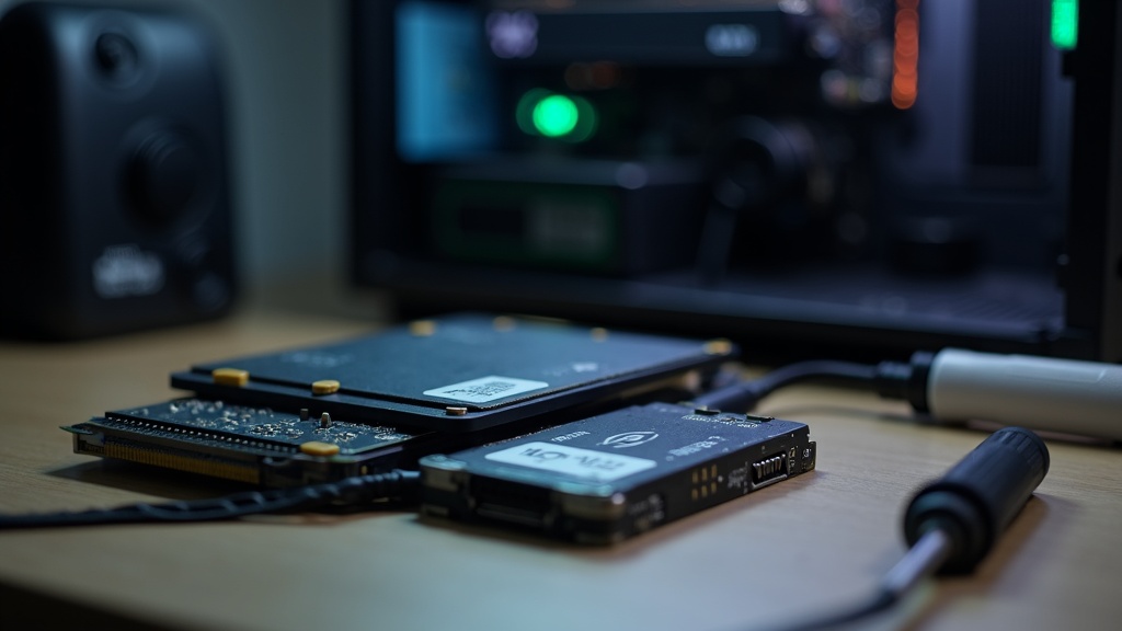 An SSD and an NVMe drive placed next to an open PC case to illustrate what an SSD changes about how games load