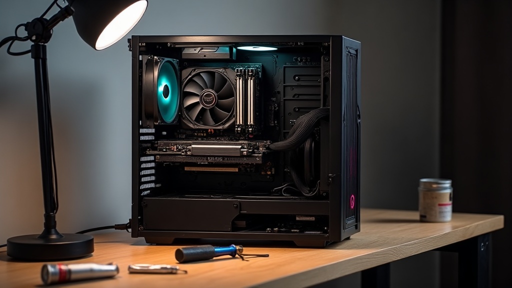 Open gaming PC case on a desk showing the graphics card, CPU cooler, and RAM as the core components that matter most for the money
