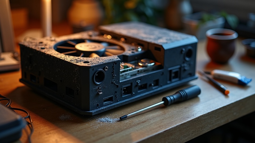 Open console casing on a workbench showing a dusty heatsink and cooling fan, illustrating what happens when a console overheats
