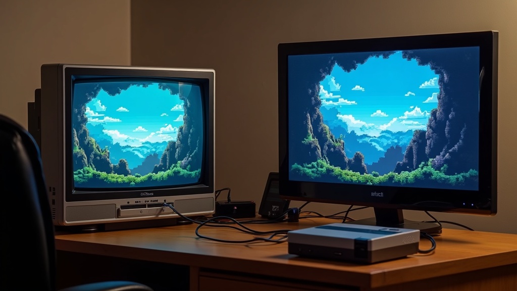 Side-by-side comparison of a CRT television with scanlines next to a modern monitor showing the same retro game without a CRT filter