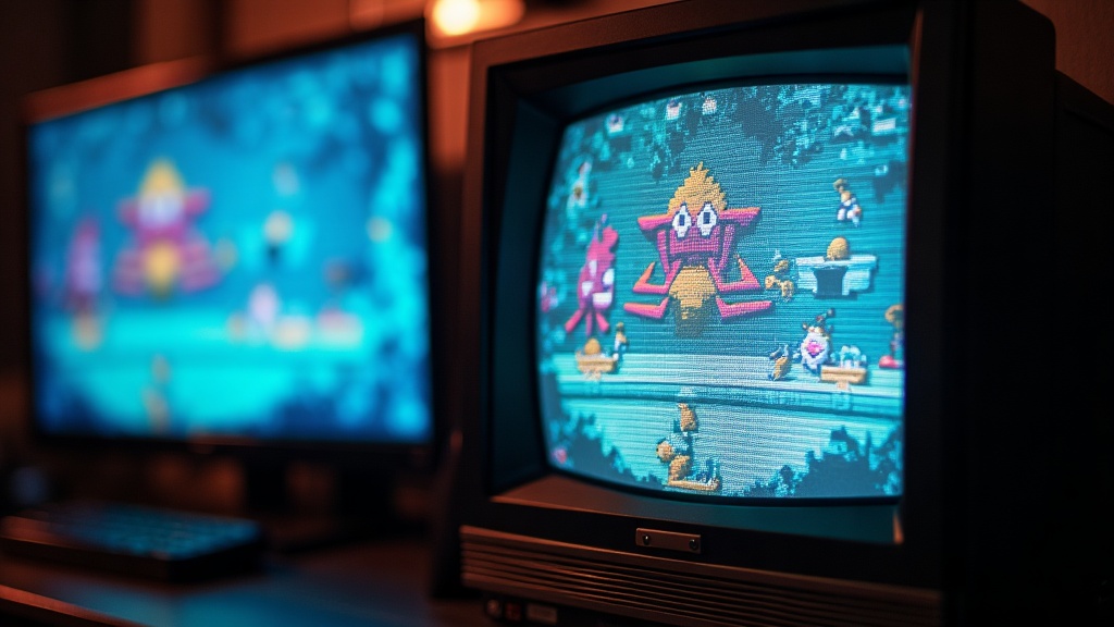 Close-up of a CRT filter effect showing scanlines and glow on an old television screen displaying a retro video game