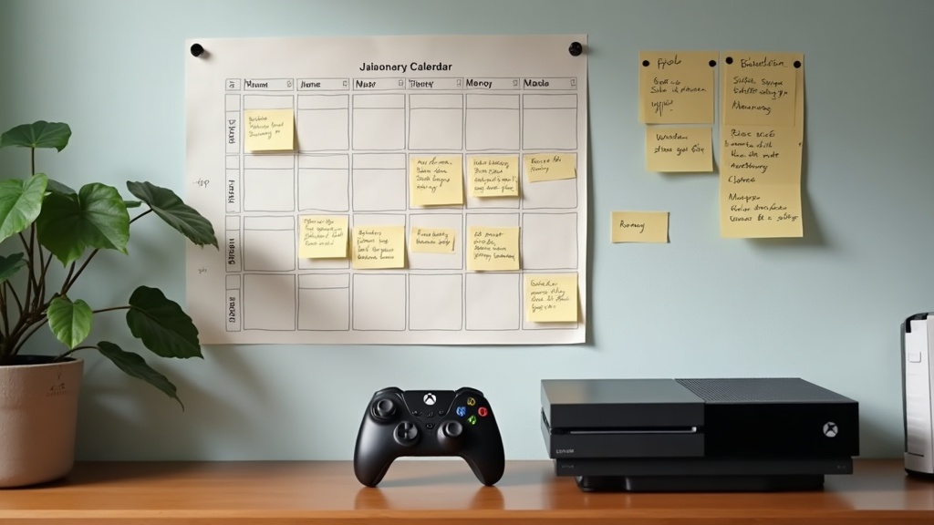 A wall calendar with recurring monthly markers next to a game console, symbolizing the ongoing update schedule of a live service game