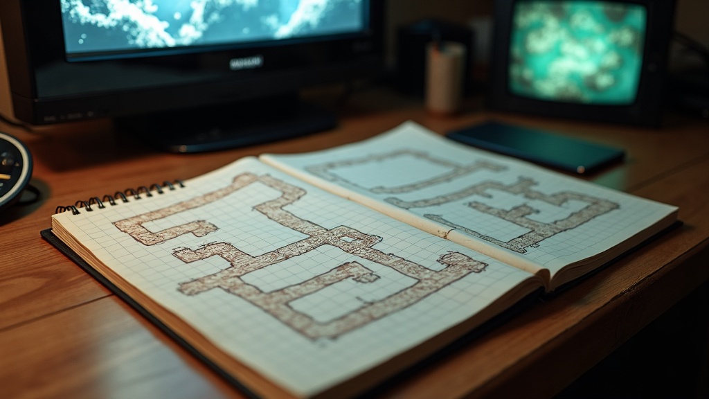 Hand-drawn interconnected map on graph paper illustrating the exploration style typical of a metroidvania game