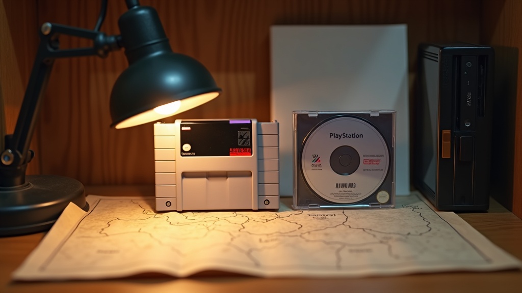 Blank retro game cartridge and disc case next to a hand-drawn exploration map, representing the metroidvania genre