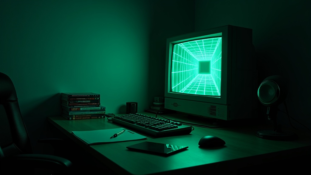 A retro PC desk setup evoking the kind of game often described as an immersive sim