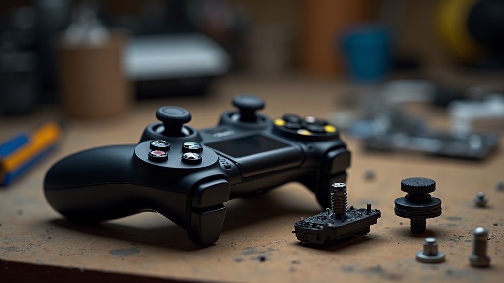 A game controller taken apart on a workbench to show the analog stick module that causes controller drift