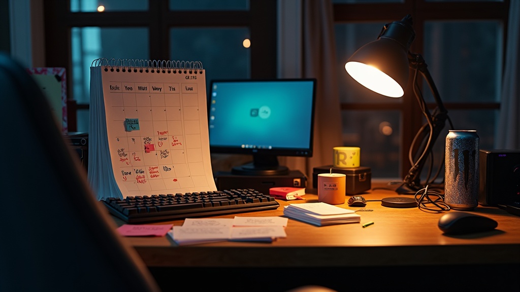 A studio desk with a circled deadline on a calendar and empty energy drink can, symbolizing crunch time in video game development