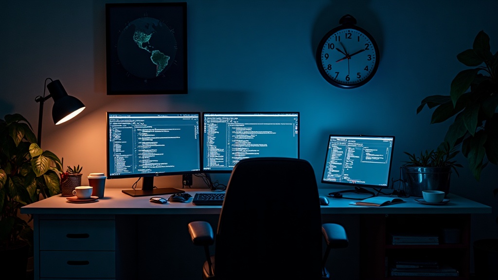 An empty developer desk late at night with glowing monitors, illustrating what crunch in game development looks like