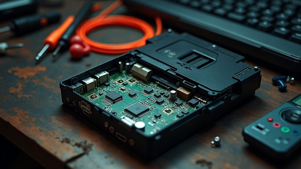 An open retro console circuit board next to a modern computer motherboard on a workbench, illustrating the hardware emulation software must mimic