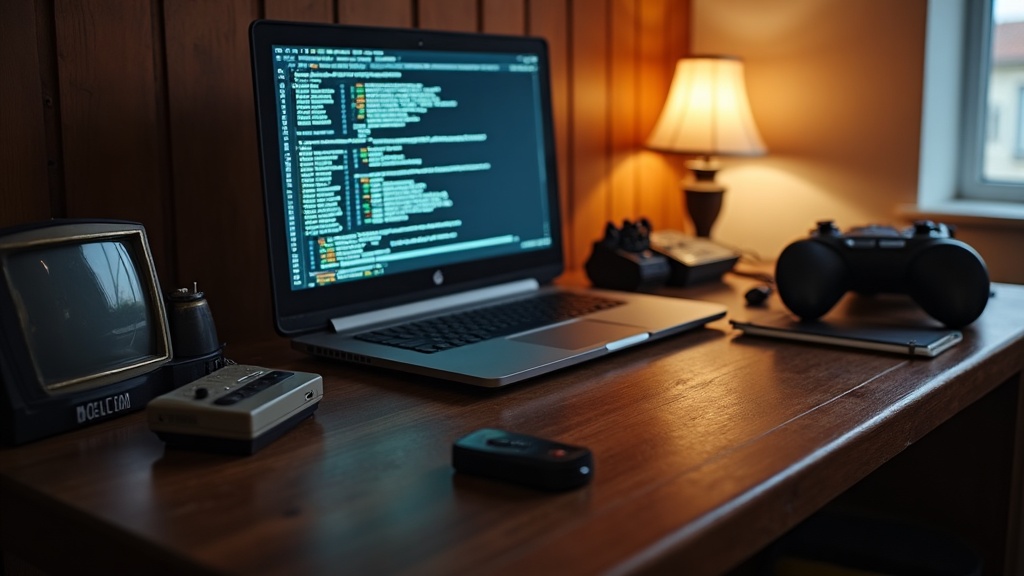 A laptop running emulator software on a desk next to old game cartridges and a CRT television