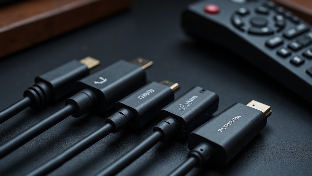 Several HDMI cables laid out on a desk, representing the physical cable side of HDMI 2.1 for gaming