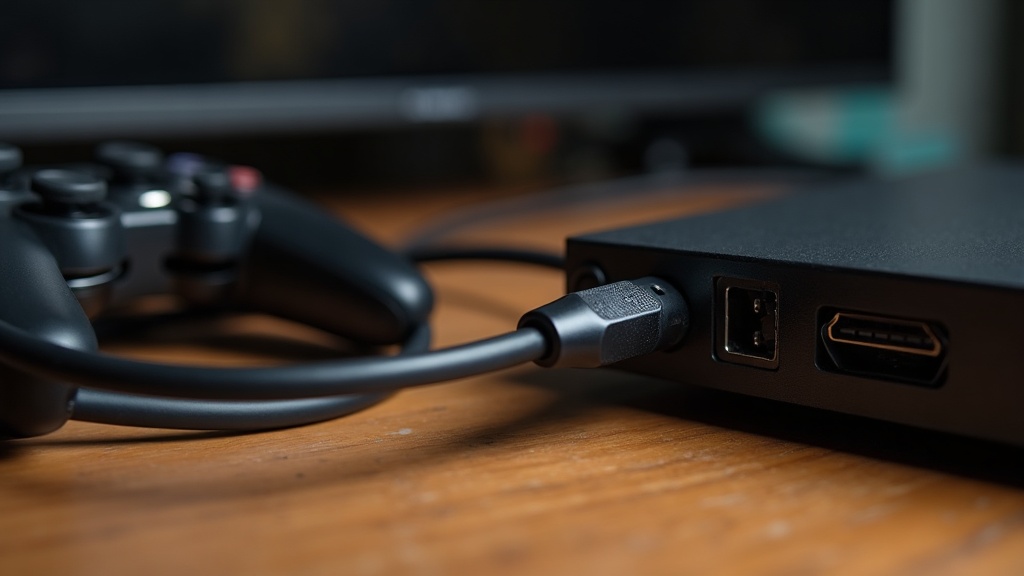 An HDMI cable connected to a television input panel next to a game console, illustrating what HDMI 2.1 means for gaming