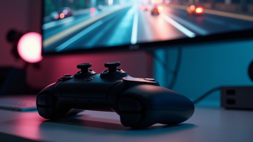 Game controller and monitor on a desk illustrating the concept of input lag in video games