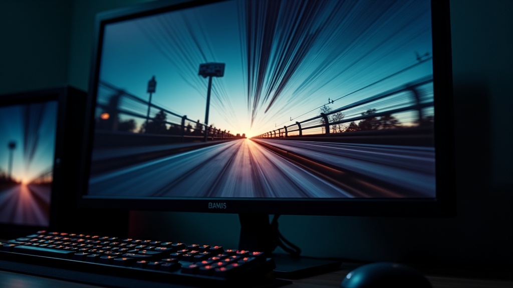 Monitor showing screen tearing with misaligned horizontal bands during a fast-motion game scene