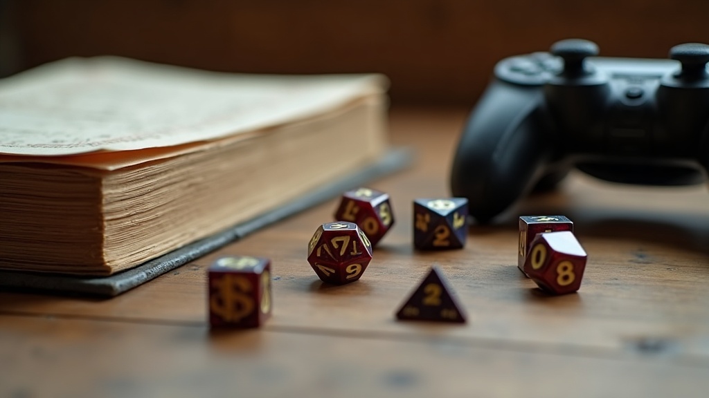 Dice and rulebooks next to a game controller, symbolizing the split between CRPG stat-based systems and action RPG reflex-based combat