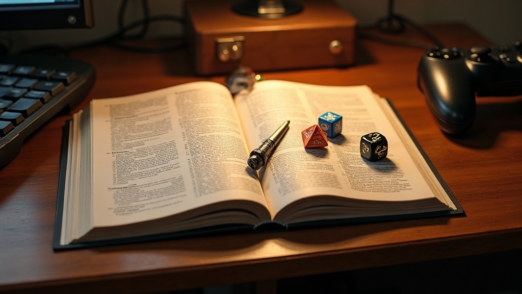 A desk split between a controller and dice-and-stat-book setup illustrating the difference between a CRPG and an action RPG