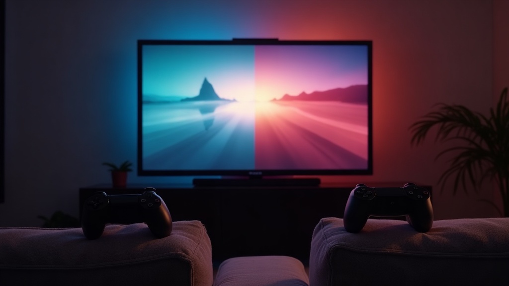 Split-screen television glow in a living room set up for two-player co-op gaming
