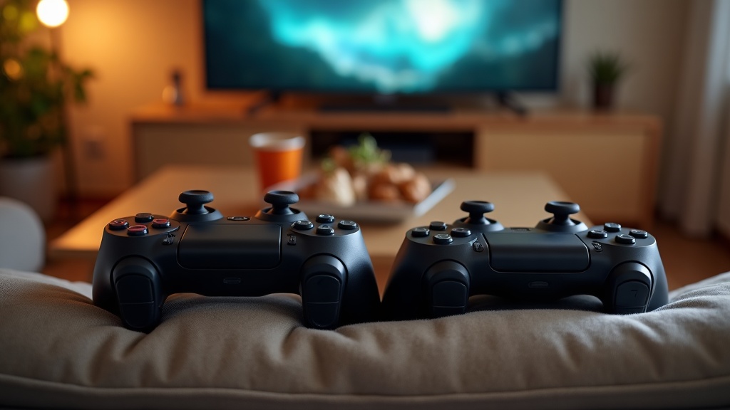 Two controllers on a couch in front of a TV, set up for a two-player co-op game