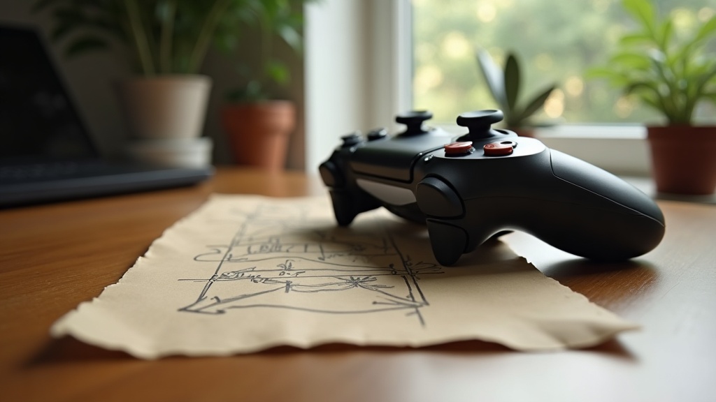 A game controller next to a hand-drawn map sketch illustrating how tutorials guide players without heavy text