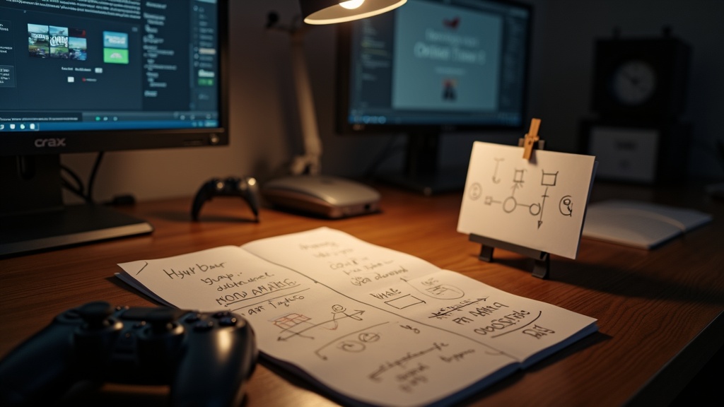 A controller and hand-drawn diagrams on a desk representing how a video game tutorial teaches players new mechanics