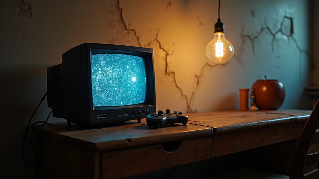A flickering CRT television and controller in a dark room, illustrating tension-building horror game atmosphere