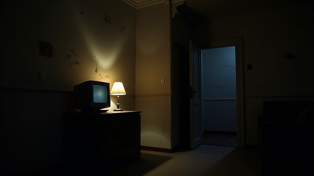 A shadowy room with a flickering lamp and an ajar door, evoking the atmosphere that makes a horror game frightening