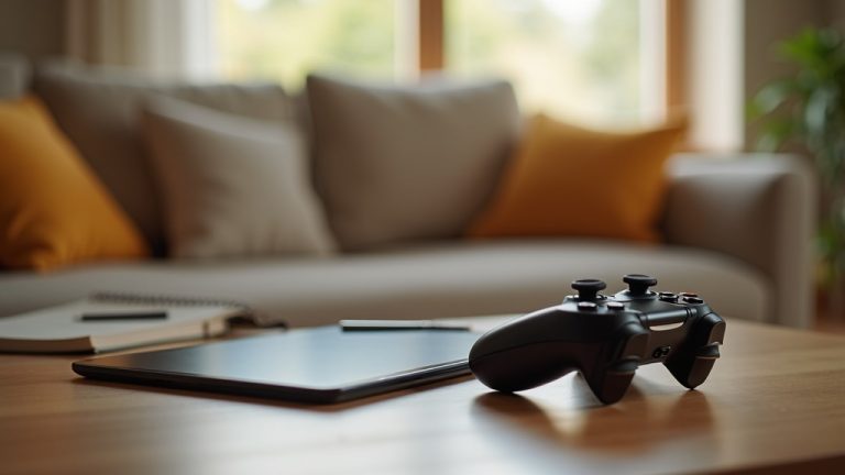 A game controller and tablet on a table, representing parental oversight of in-game purchases