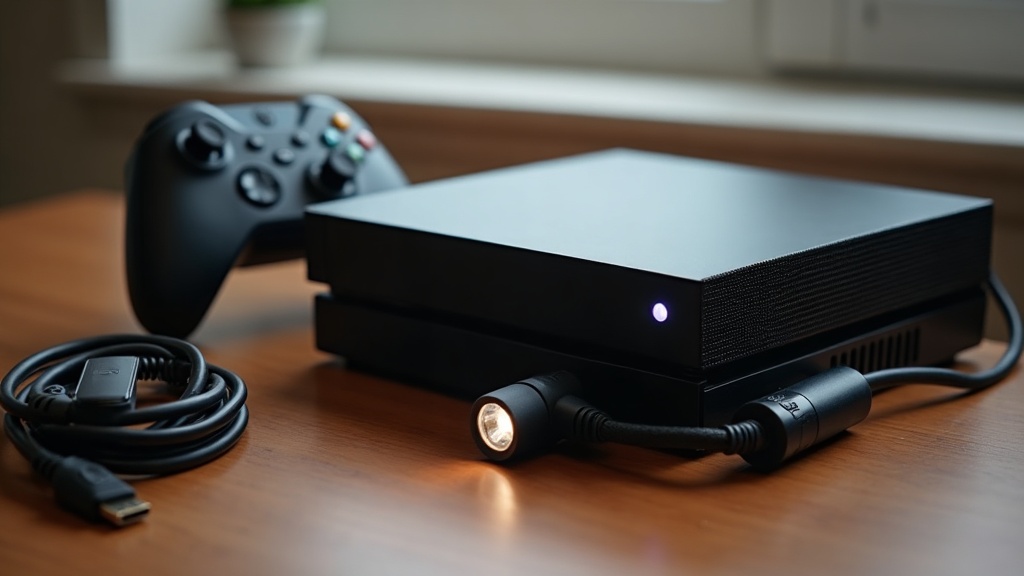 A used game console and controller on a desk being inspected before purchase