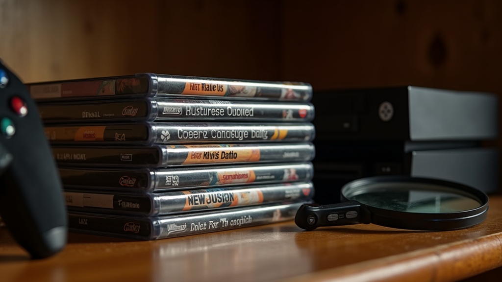 Stack of used game cases being checked for missing manuals and inserts before buying