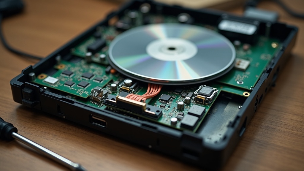 Close-up of a Dreamcast-era console's internal disc drive and circuit board during a hardware teardown