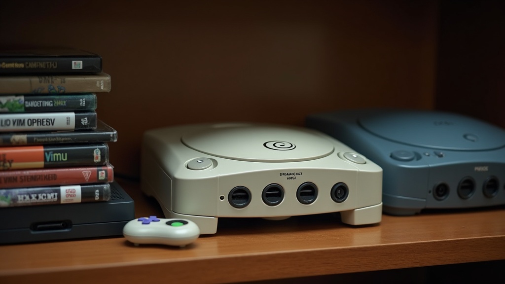 A Sega Dreamcast console and game cases displayed on a shelf among other retro gaming hardware