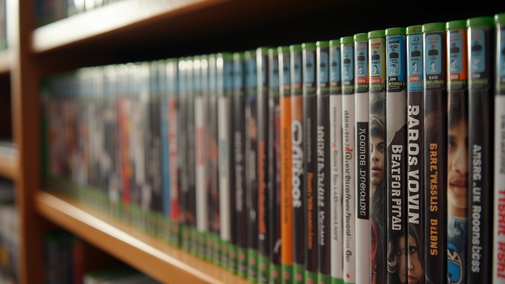 Physical video game cases on a shelf with price tag stickers hinting at seasonal discount periods