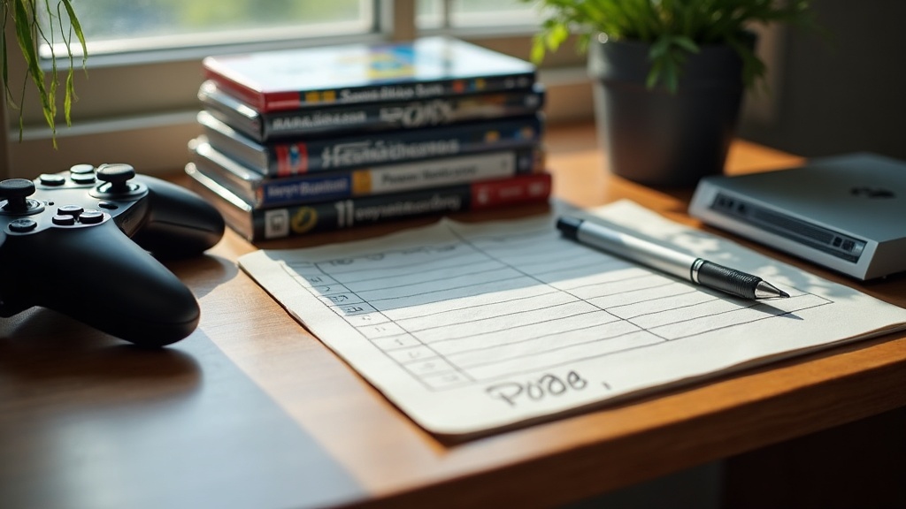 A desk with a game console, physical game cases and a calendar notepad representing discount periods in the gaming calendar