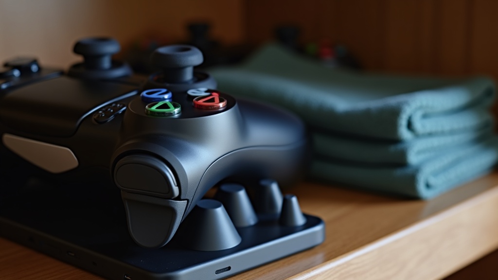 Shelf of gaming accessories such as a charging dock and thumbstick caps showing common add-on purchases for consoles