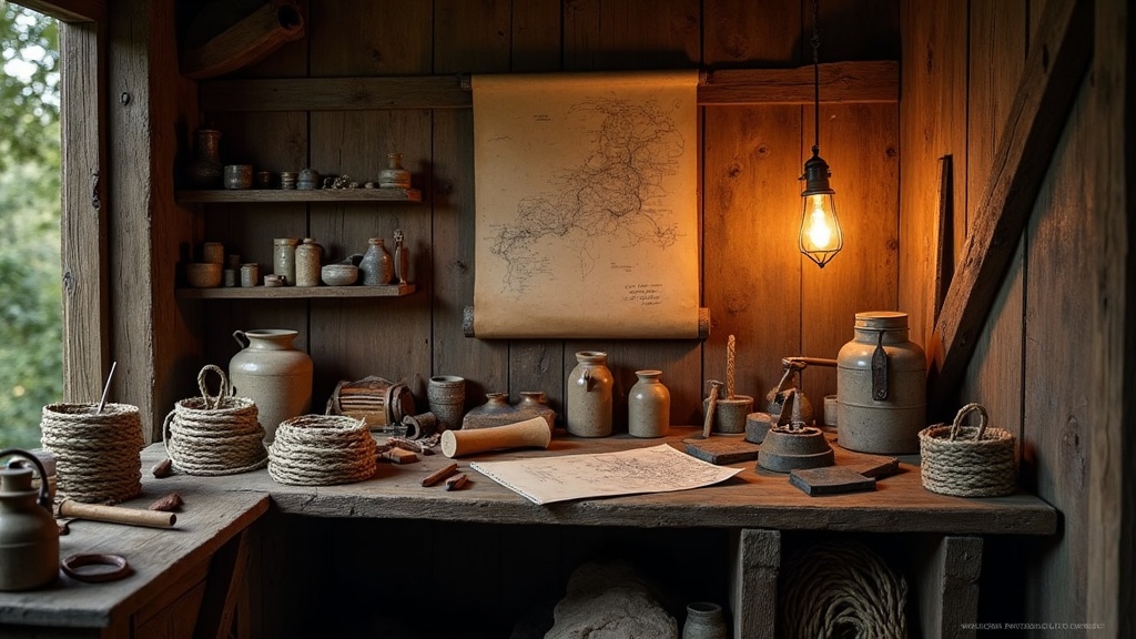 A survival game style crafting workbench with tools, rope, and a lantern inside a wooden shelter