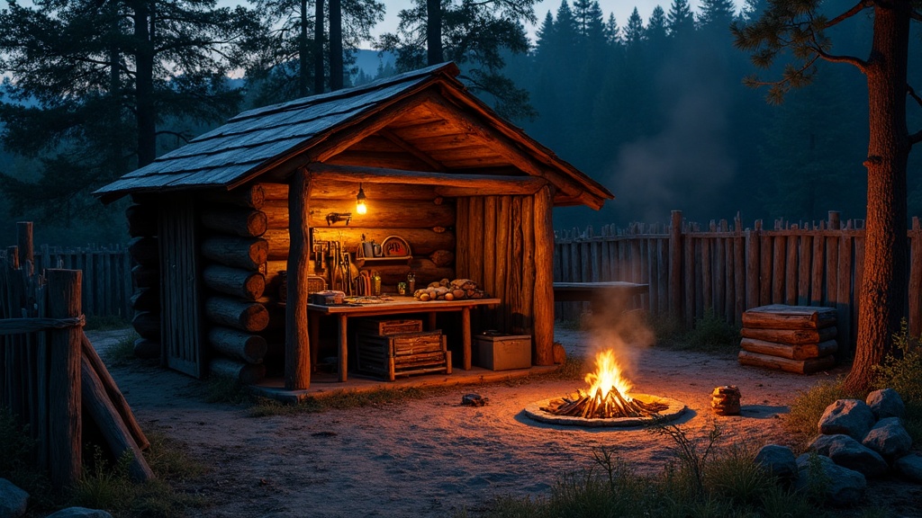 A handmade wooden survival base with a campfire, workbench, and storage crates at the edge of a dark forest