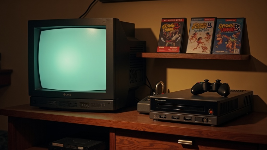 A CRT television and console shelf showing the transition from 2D cartridge games to 3D disc-based games