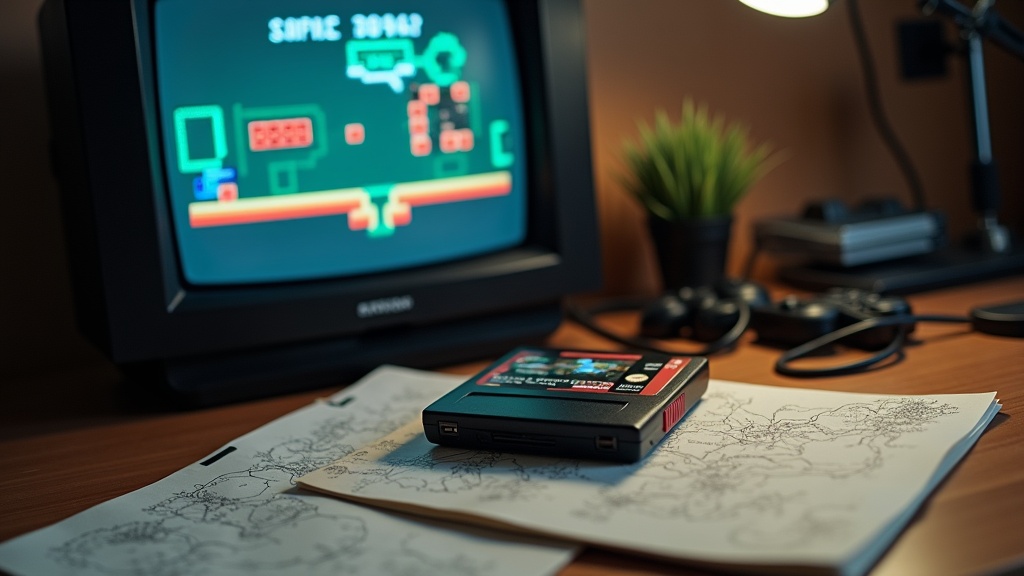 An open game cartridge and CRT television showing why classic games relied on high difficulty and paper maps