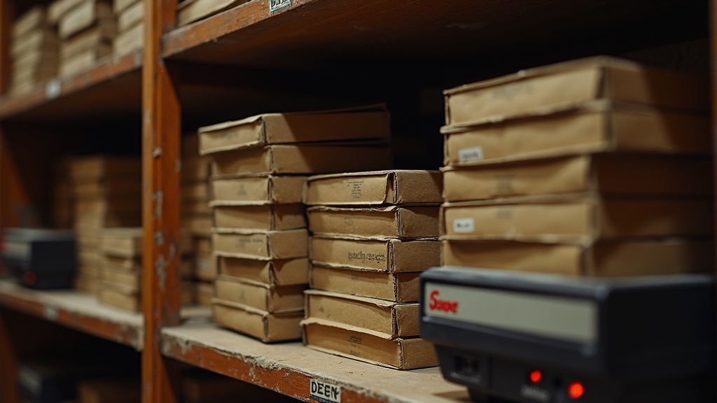 Stacks of unsold early 1980s video game cartridges in boxes, illustrating the video game crash of 1983