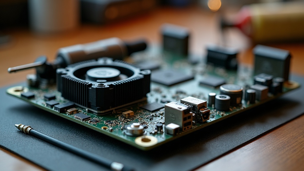 Disassembled console motherboard on a workbench showing the heatsink and processor chip responsible for heat and fan noise
