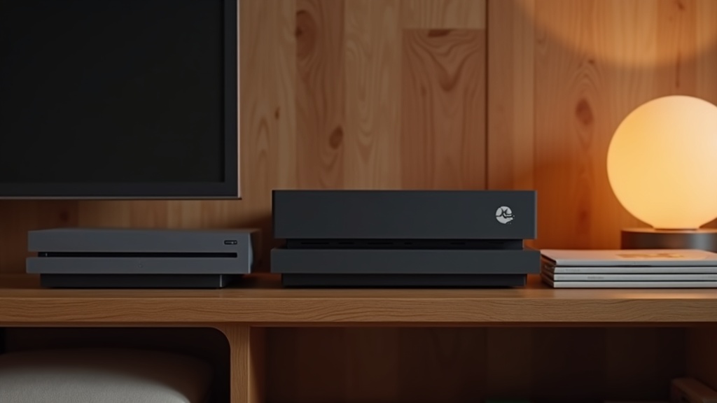 Two console hardware revisions side by side on a shelf, showing the size difference between an early model and a later, smaller revision