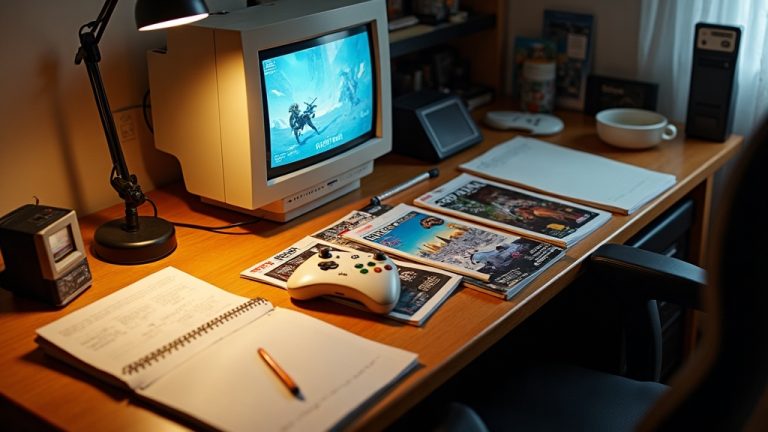 Stacks of game review notes and magazines spread on a desk illustrating why game reviews disagree so much