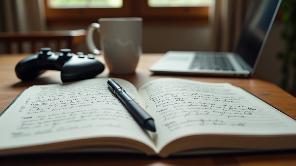 Handwritten review notes and a controller on a desk, representing how different reviewers form different opinions of the same game