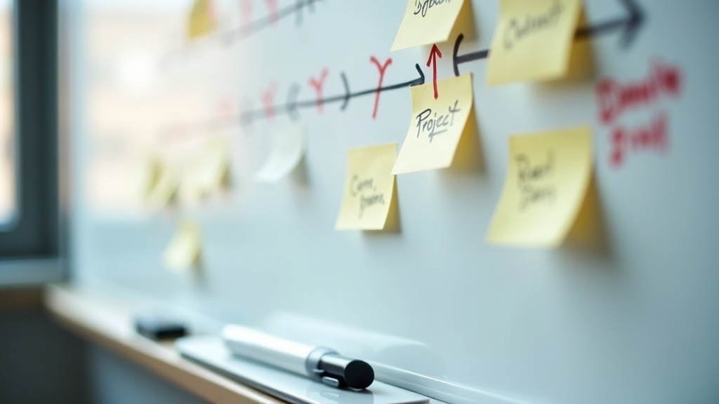 A whiteboard project timeline with crossed-out sticky notes showing a shifted game development schedule